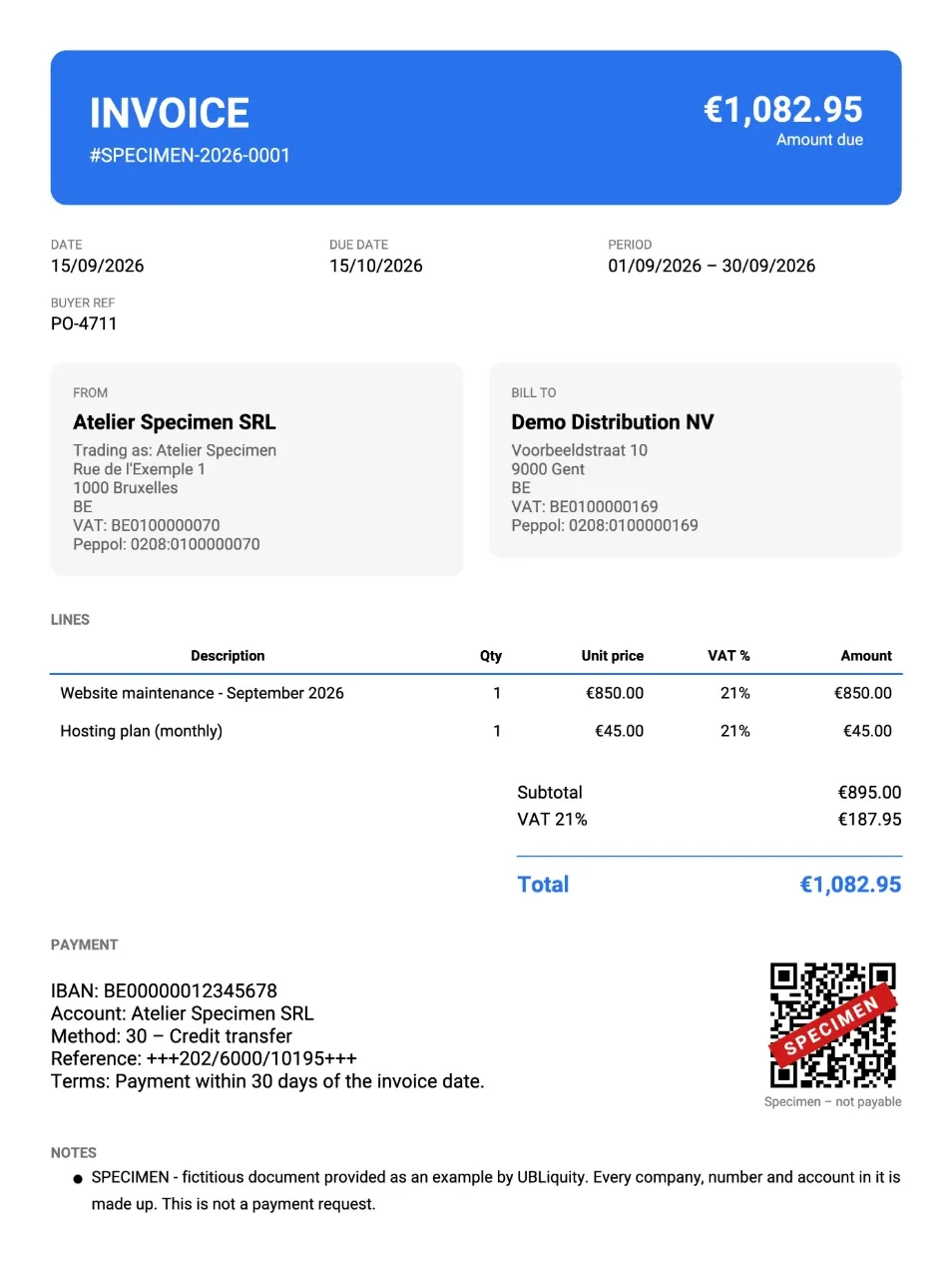 Ubliquity showing a list of example invoices, one of them open as a readable PDF