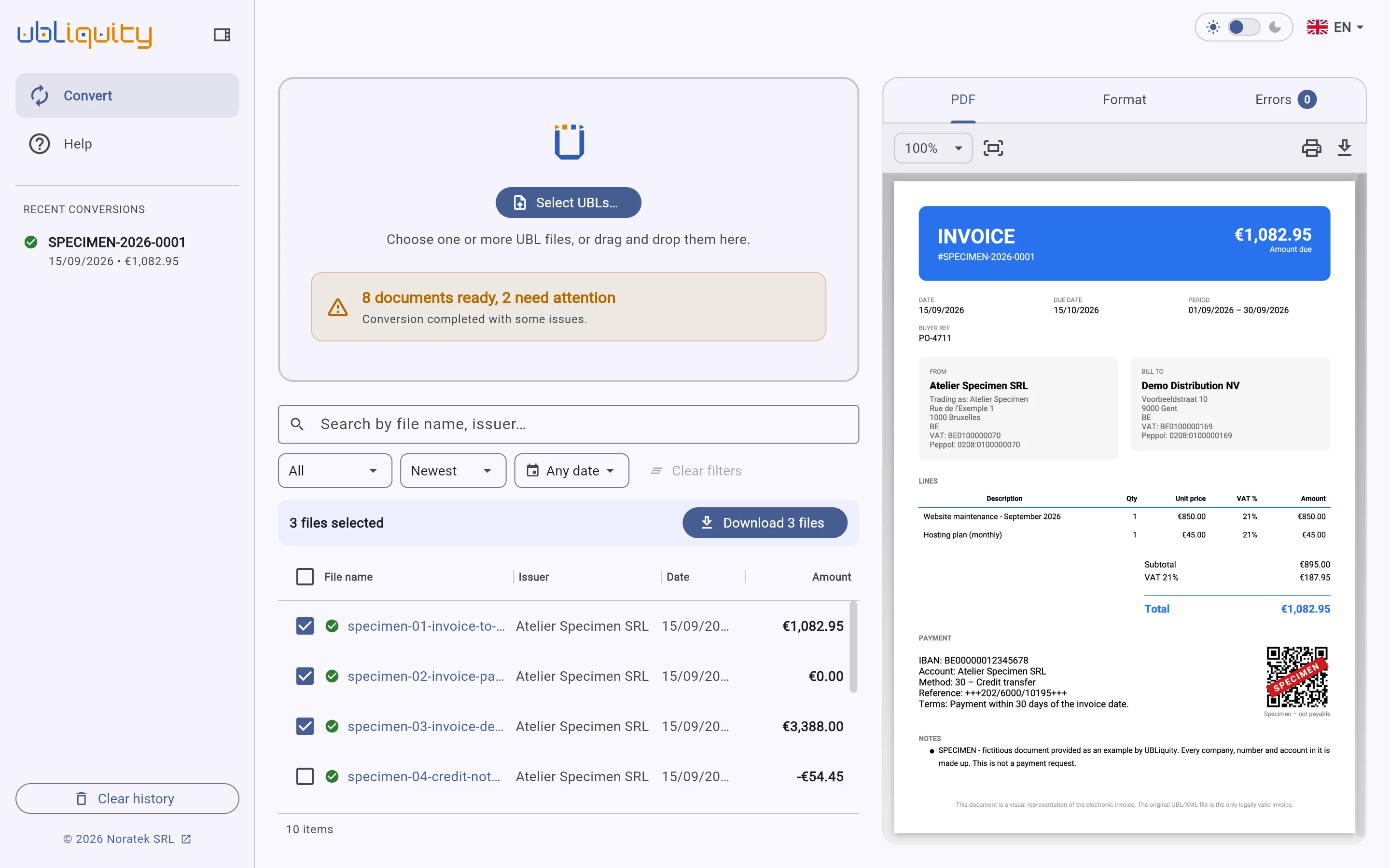 Three invoices ticked, with the download button