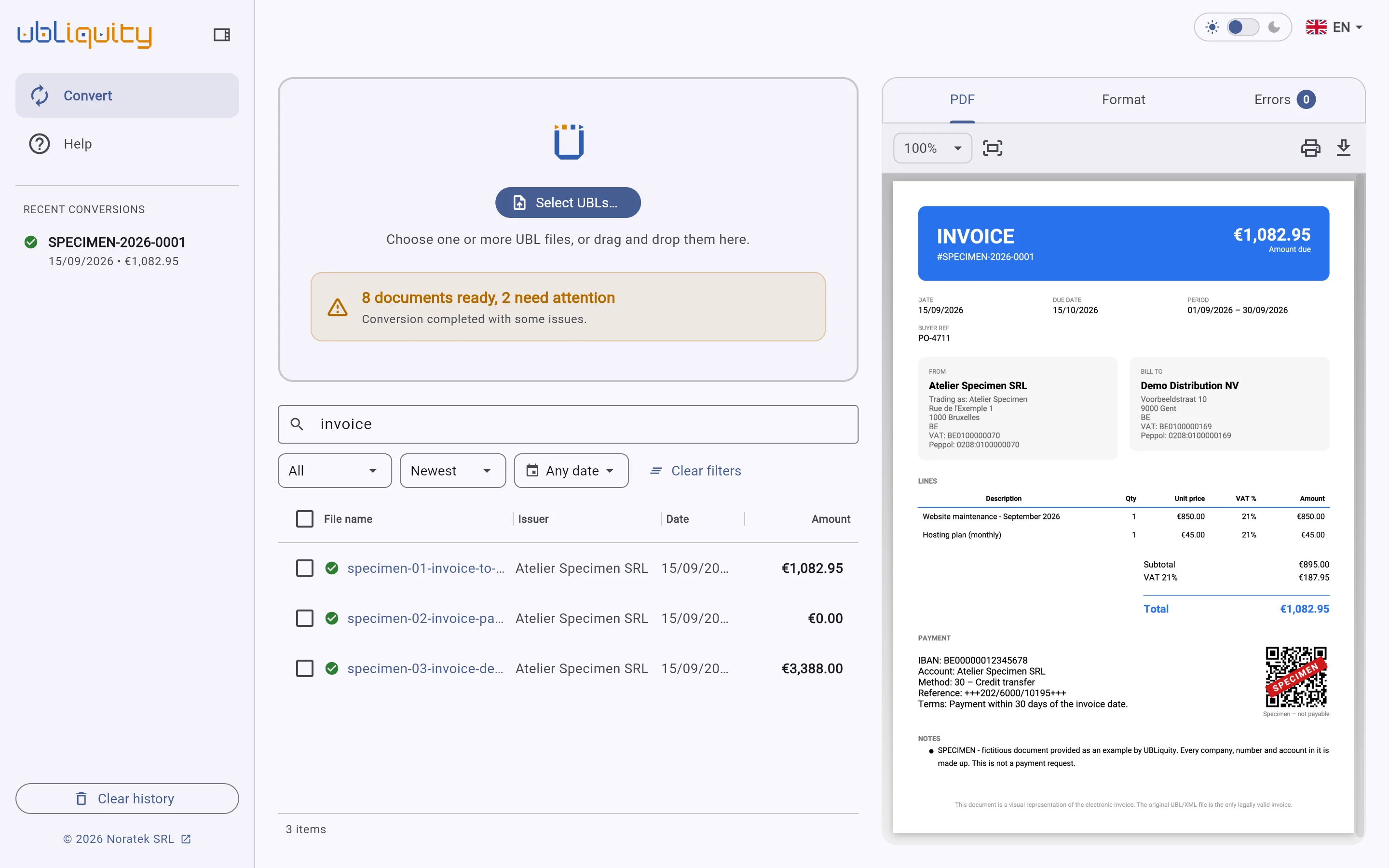 The list of invoices with the search box filled in